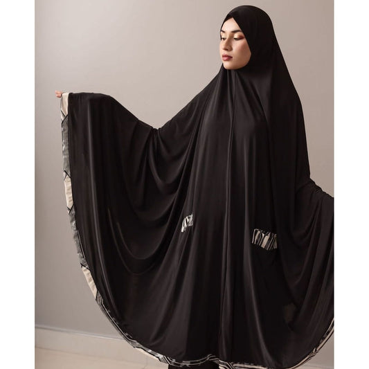 Pocket Burqa - Knee Length - Black and Nude Abstract