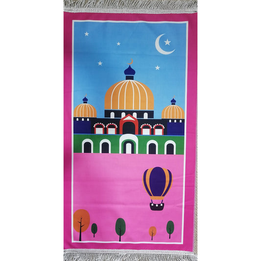 Kids Prayer Mat - Hot Air Balloon Masjid (Pink Border)