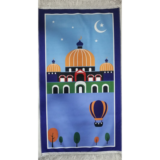 Kids Prayer Mat - Hot Air Balloon Masjid (Dark Blue Border)