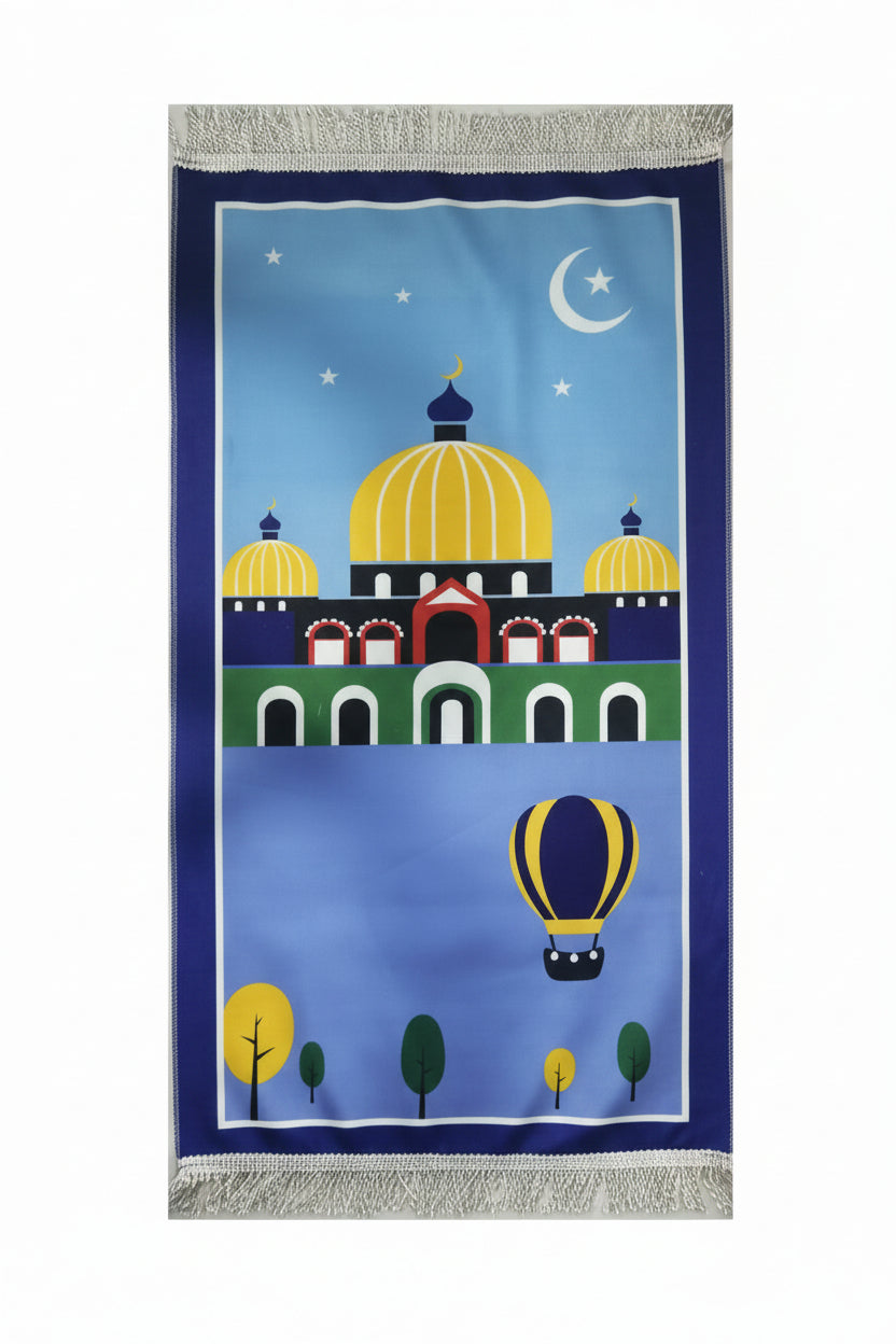 Kids Prayer Mat - Hot Air Balloon Masjid (Dark Blue Border)