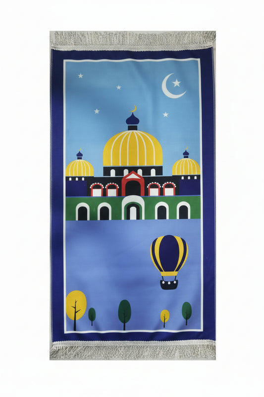 Kids Prayer Mat - Hot Air Balloon Masjid (Dark Blue Border)