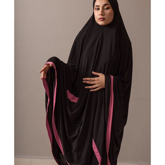 Pocket Burqa - Knee Length - Full Black With Pink