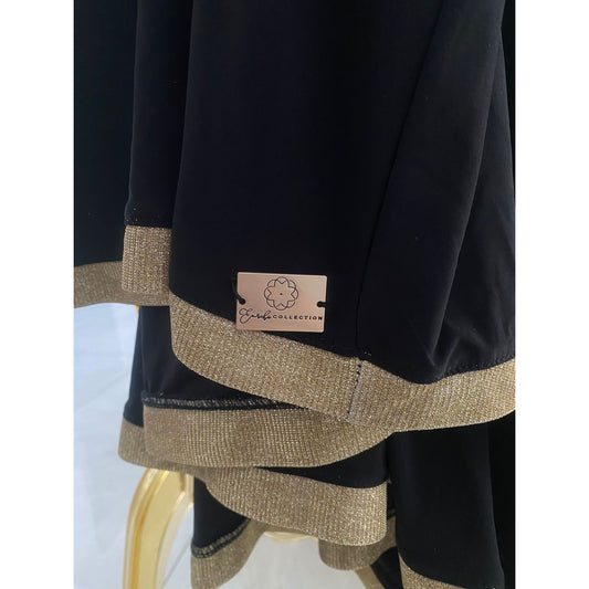 Pocket Burqa - Knee Length - Full Black With Metallic Gold