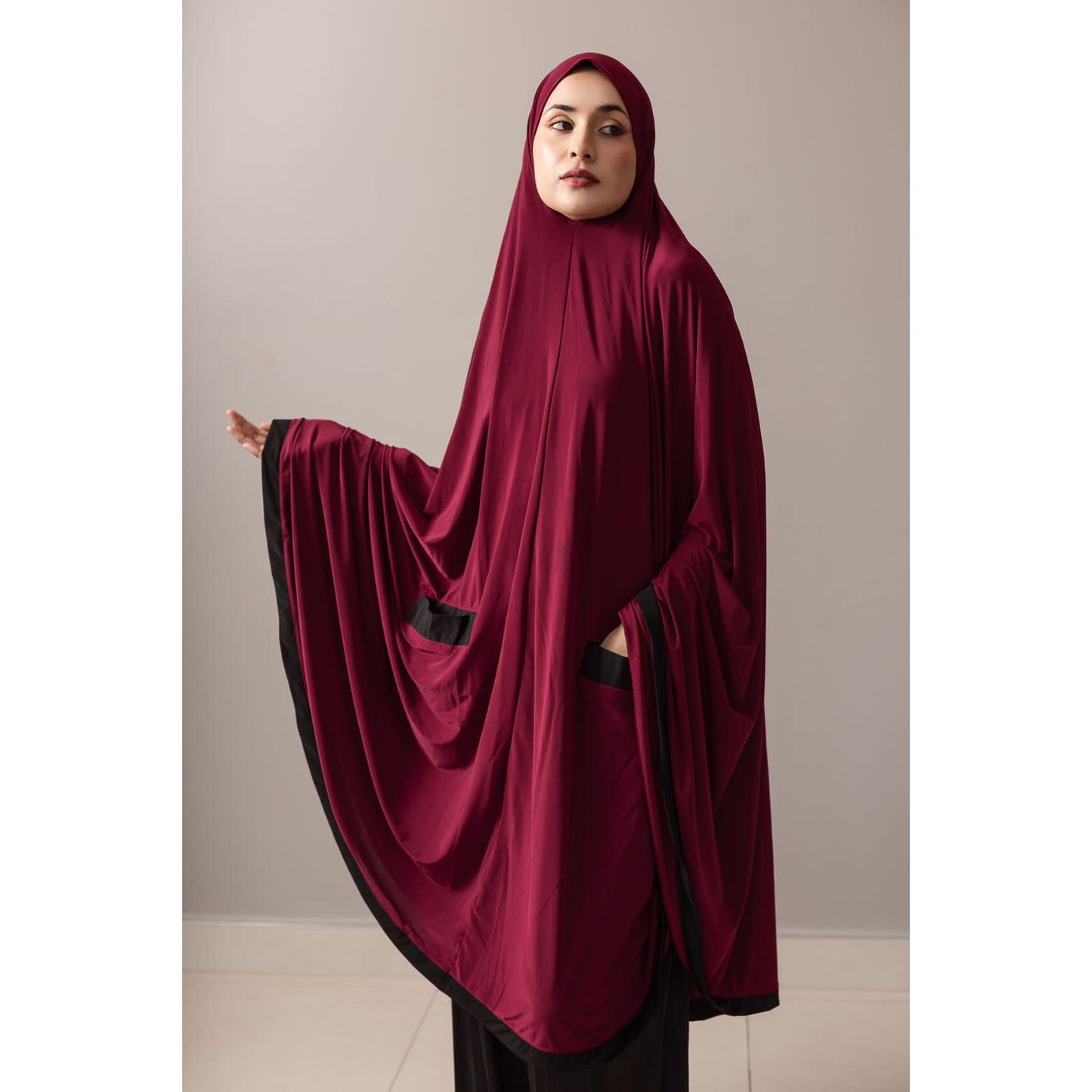 Pocket Burqa - Knee Length: Full Ruby With Black