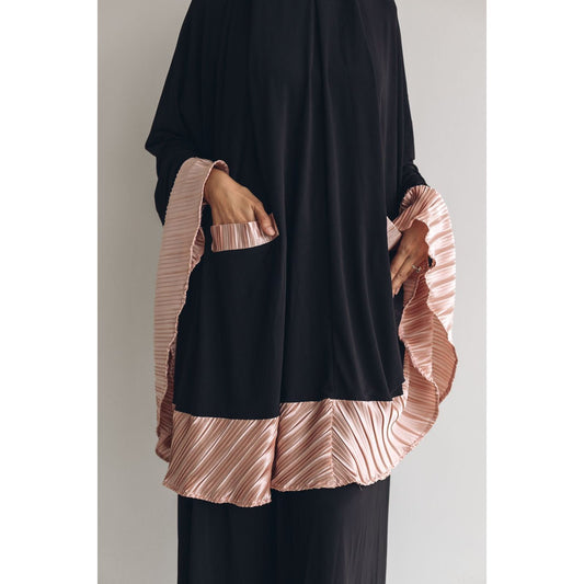 Pocket Burqa - Knee Length - Full Black with Pink (Plisse Edition)