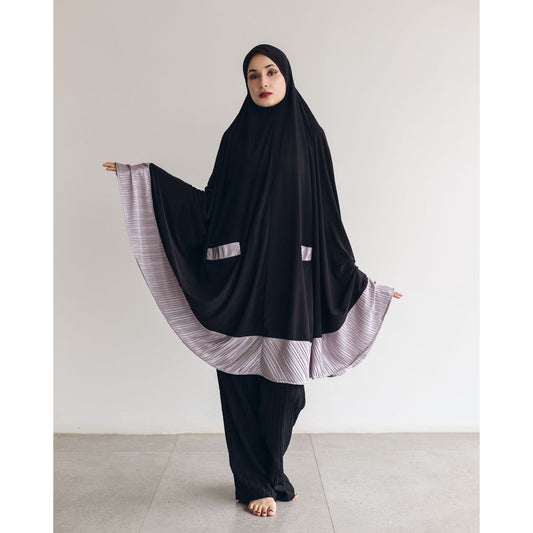 Pocket Burqa - Knee Length - Full Black with Lilac (Plisse Edition)