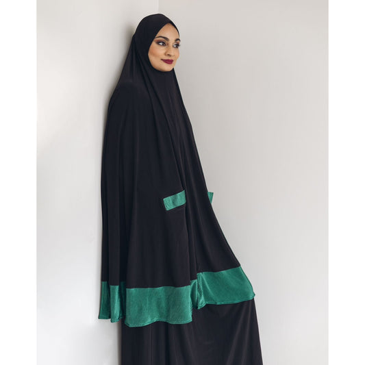 Pocket Burqa - Knee Length - Full Black with Dark Green (Plisse Edition)