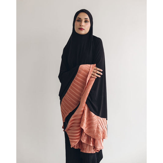Pocket Burqa - Knee Length - Full Black with Coral (Plisse Edition)