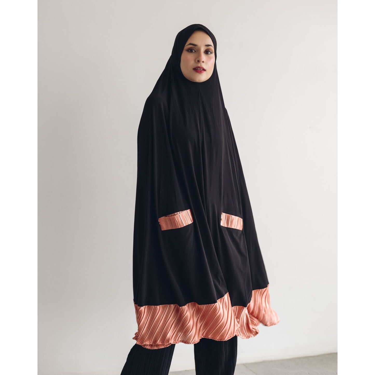 Pocket Burqa - Knee Length - Full Black with Coral (Plisse Edition)