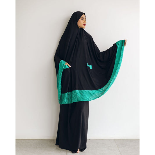 Pocket Burqa - Knee Length - Full Black with Light Green (Plisse Edition)