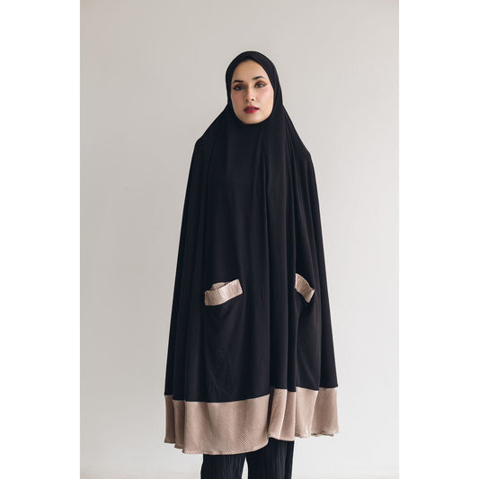 Pocket Burqa - Knee Length - Full Black with Beige (Plisse Edition)