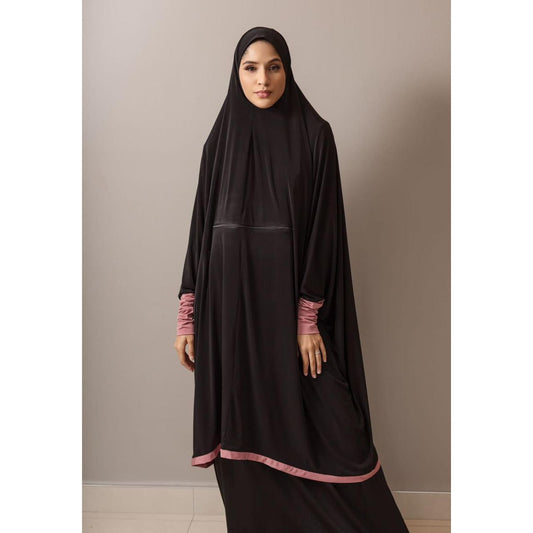 The Travel Burqa With Zip Pocket & Sleeves - Knee Length: Full Black with Pink