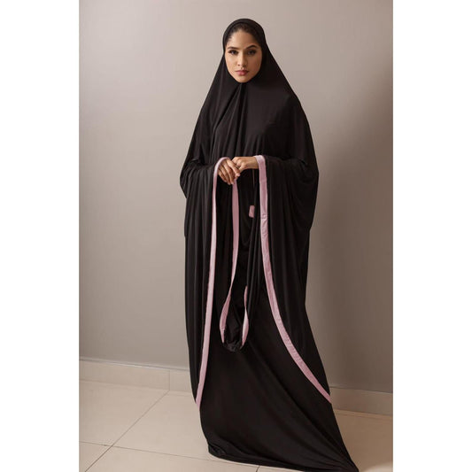 Pocket Burqa - Long Length - Full Black With Lilac