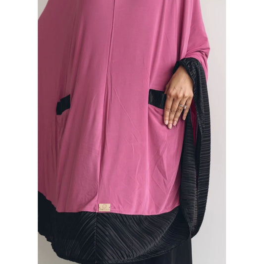 Pocket Burqa - Knee Length - Full Pink With Black  (Plisse Edition)
