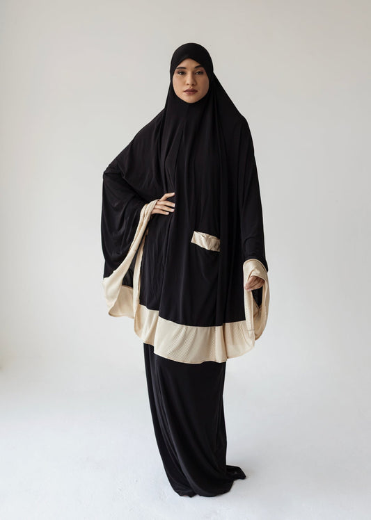 Pocket Burqa - Knee Length: Full Black with Cream (Plisse)