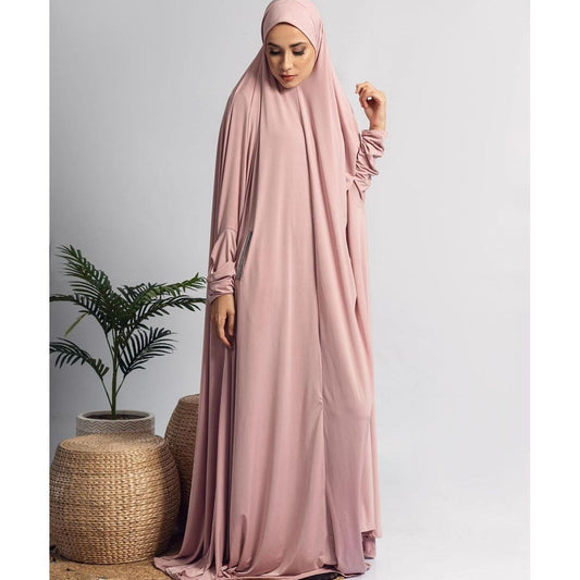 Pocket Burqa With Sleeves - Full Length: Full Pink with Silver