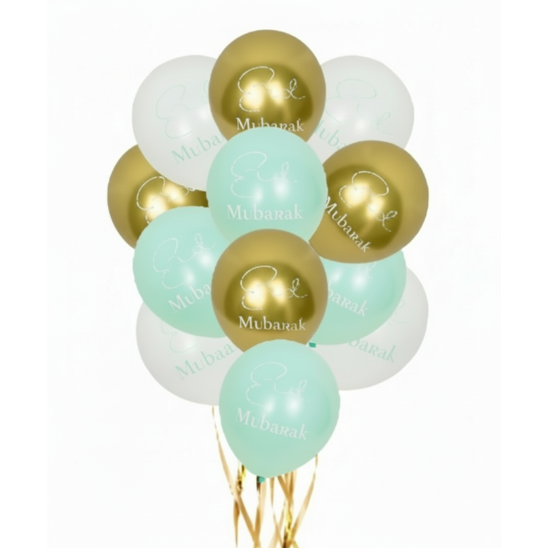Eid Mubarak Balloon Pack - Mint Green, White & Gold (Pack of 12)