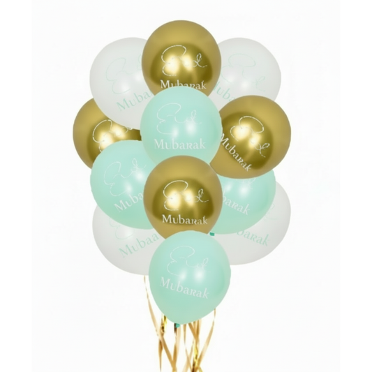 Eid Mubarak Balloon Pack - Mint Green, White & Gold (Pack of 12)