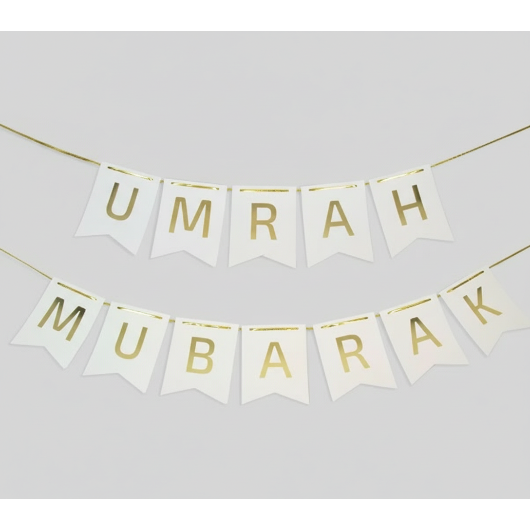 Umrah Mubarak Banner - White & Gold (2pc)