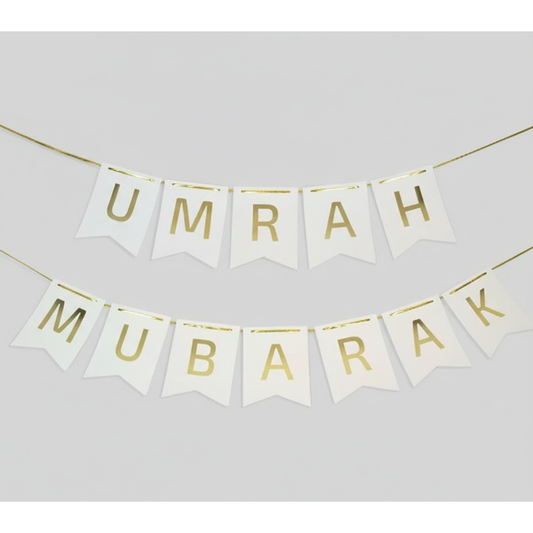 Umrah Mubarak Banner - White & Gold (2pc)