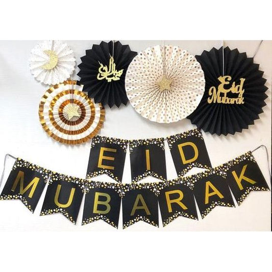 Eid Mubarak Flag Bunting & Paper Fans - Black, Gold & White