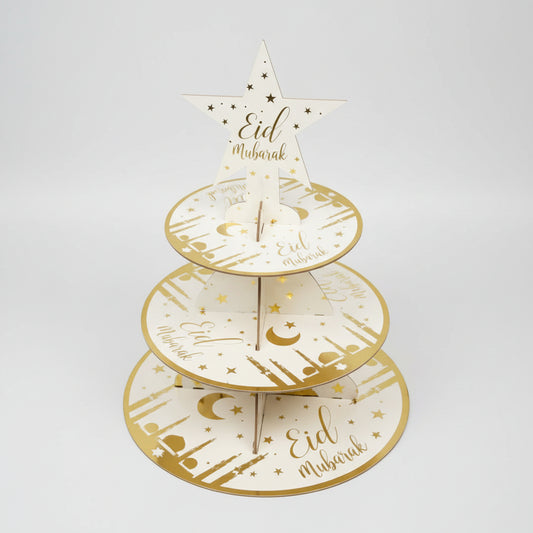 Three Tier Cupcake Stand - Eid Mubarak, White & Gold Mosque