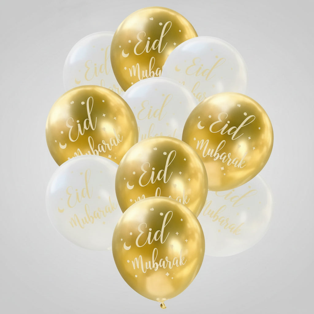 Eid Mubarak Balloon Pack - White and Gold (Pack of 10)