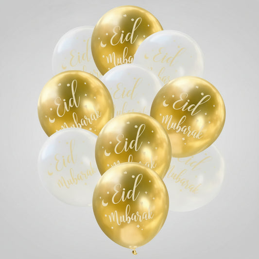 Eid Mubarak Balloon Pack - White and Gold (Pack of 10)