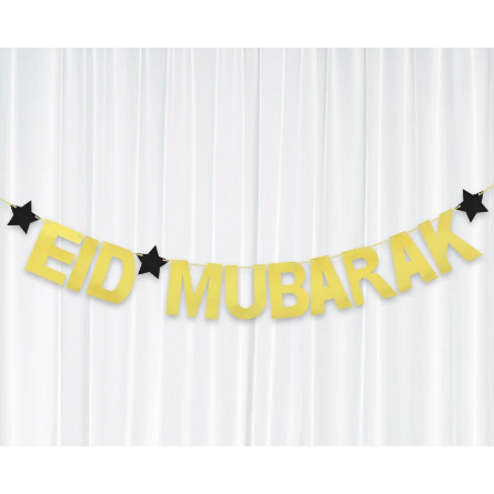 Eid Mubarak Banner - Gold with Black Glitter Stars