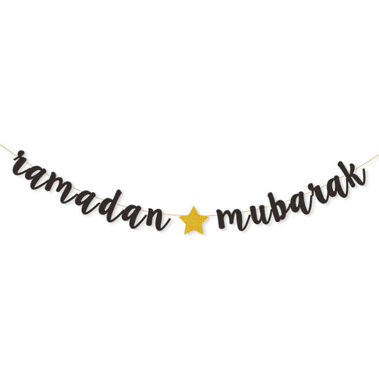 Ramadan Mubarak Glitter Banner - Black & Gold Star