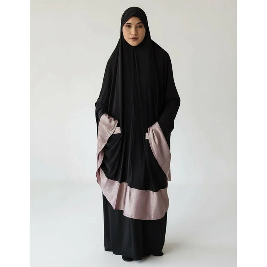 Pocket Burqa - Knee Length - Full Black with Purple Shimmer