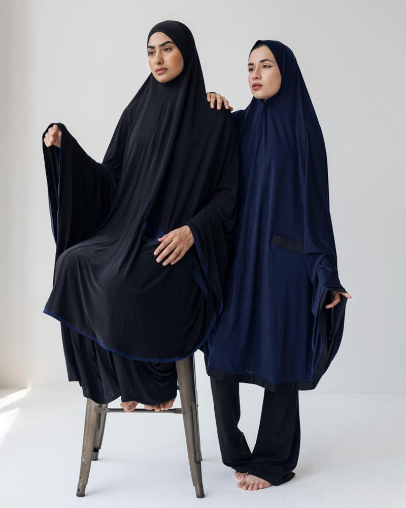 Pocket Burqa - Knee Length - Full Black With Navy