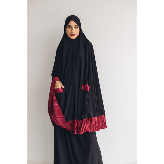 Pocket Burqa - Knee Length - Full Black with Red (Plisse Edition)