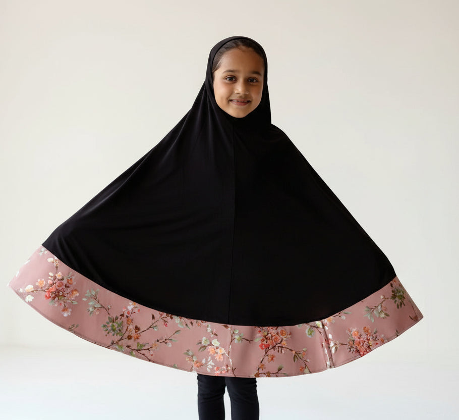 Children's Burqa - Full Black with Mallow Floral