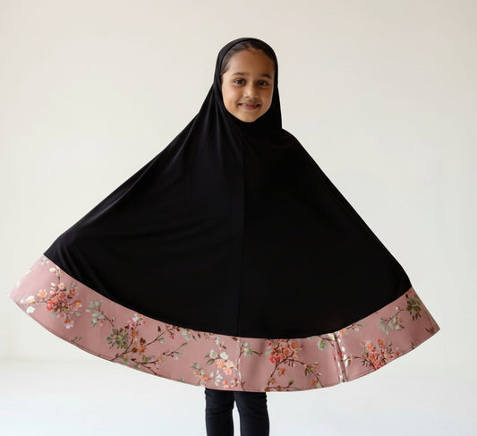 Children's Burqa - Full Black with Mallow Floral