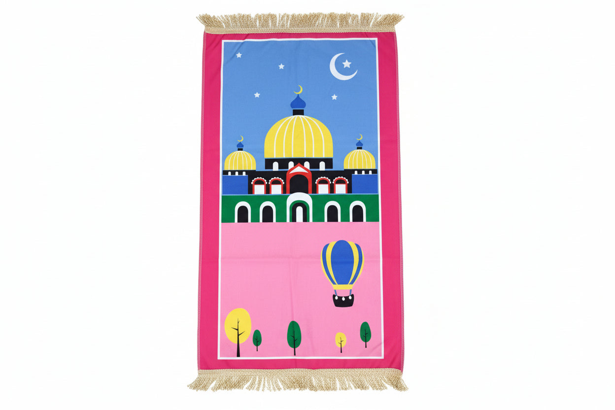 Kids Prayer Mat - Hot Air Balloon Masjid (Pink Border)