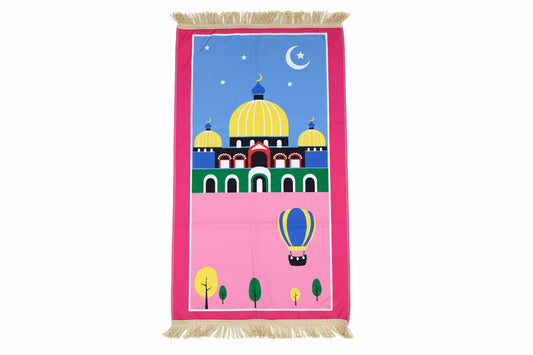Kids Prayer Mat - Hot Air Balloon Masjid (Pink Border)