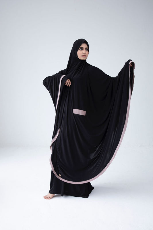 Pocket Burqa - Long Length - Full Black With Nude