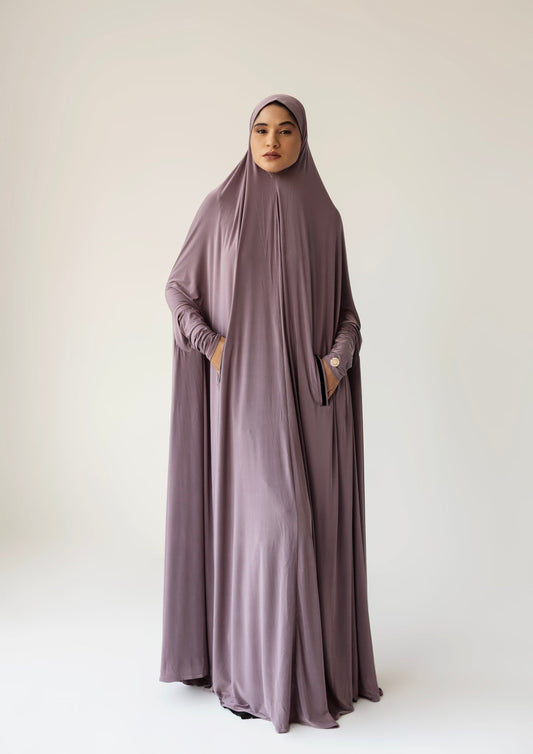 Pocket Burqa With Sleeves - Full Length: Mauve with Black Velvet