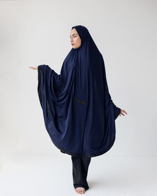 Pocket Burqa - Knee Length - Full Navy With Black
