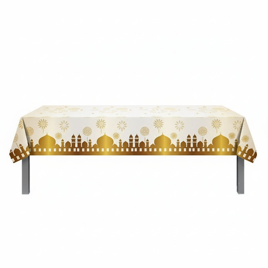 Disposable Tablecloth - Mosque & Star Design (White & Gold)