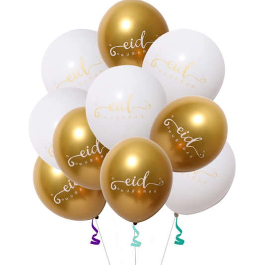 Eid Mubarak Balloon Pack - White and Gold (Pack of 10)