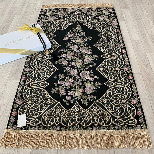 Royal Sejadah - Luxury Prayer Mat & Tasbih - Black Floral Design