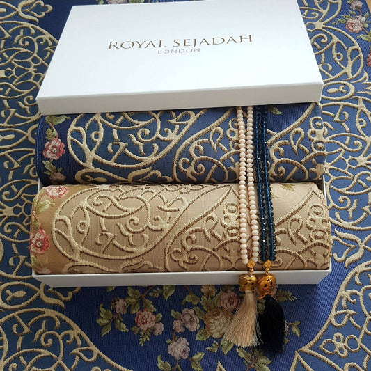 Royal Sejadah - Couples Luxury Prayer Mat & Tasbihs - Royal Blue & Gold Floral Design