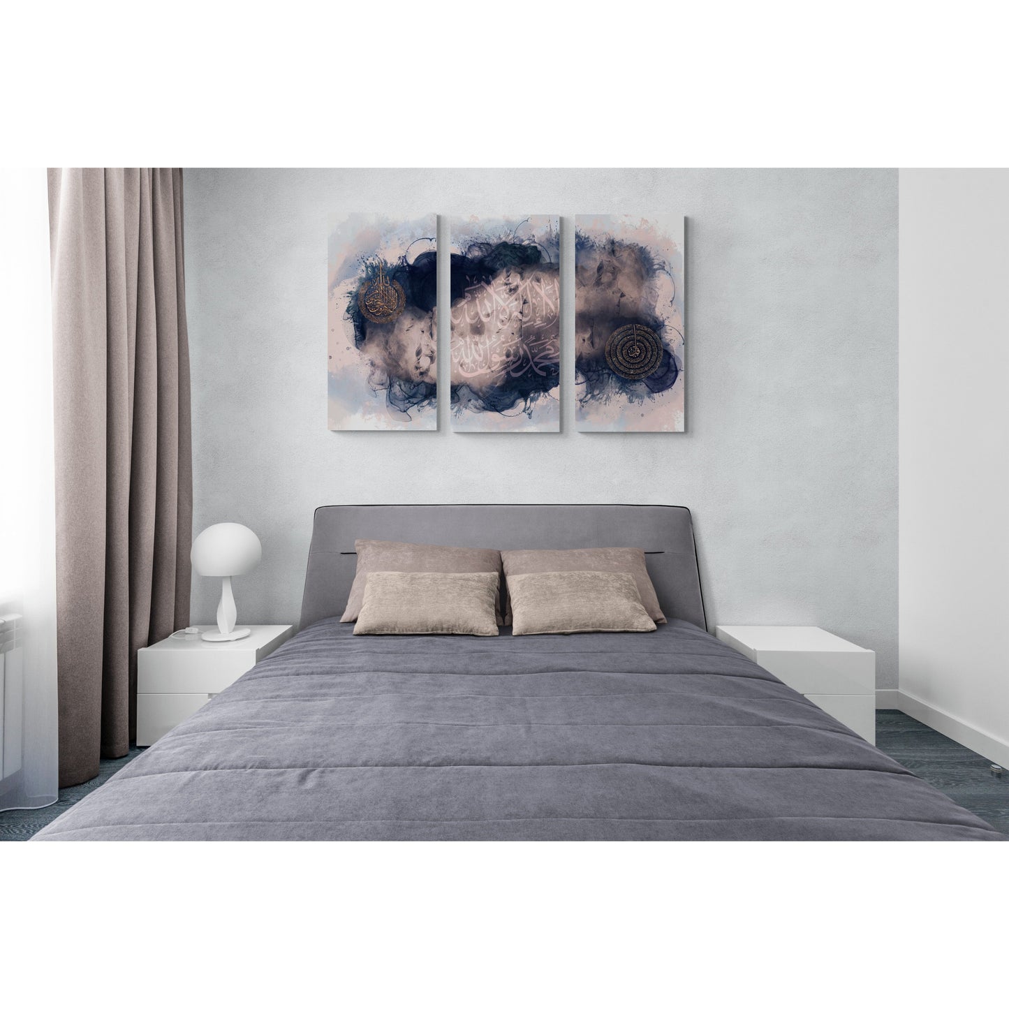 Ayatul Kursi Shahada & 4 Quls Triptych Canvas Set: Blushing Blues