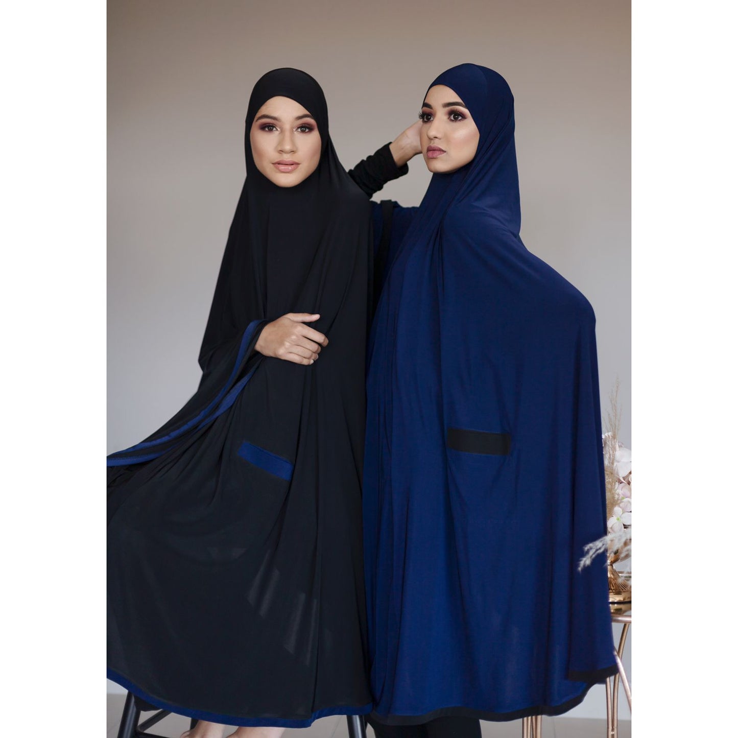 Pocket Burqa - Knee Length - Full Navy With Black