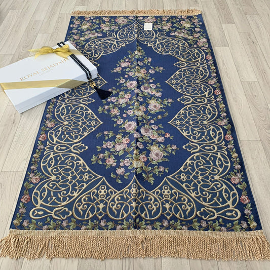 Royal Sejadah - Luxury Prayer Mat & Tasbih - Royal Blue Floral Design