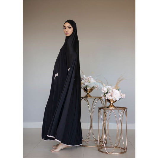Pocket Burqa - Long Length - Full Black With Nude