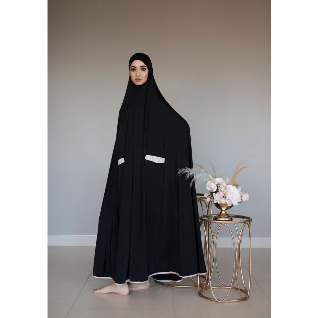 Pocket Burqa - Long Length - Full Black With Nude