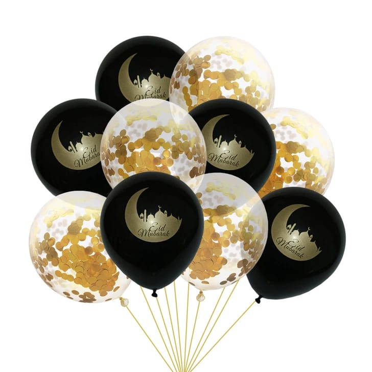 Eid Mubarak Balloon Pack - Black and Gold Confetti (Pack of 10)